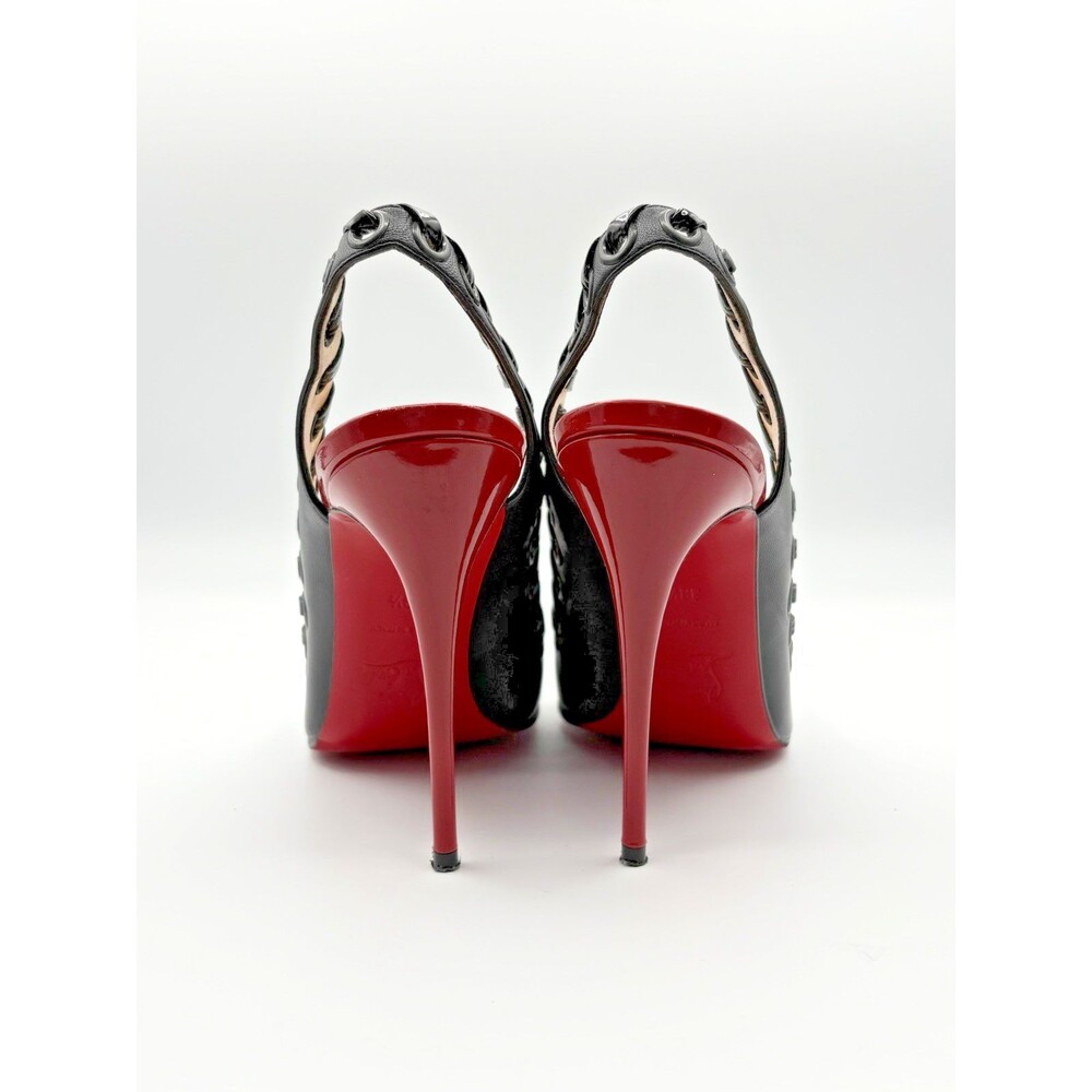 Christian Louboutin Black & Red Ostri Whipstitch Slingback Heels Size EU 38.5 - Picture 7 of 11